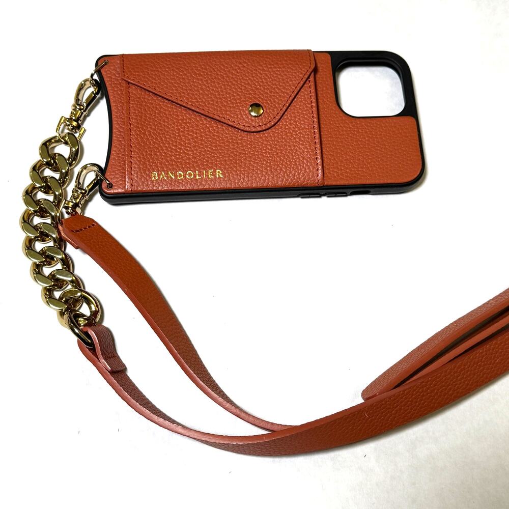 New! BANDOLIER Gold Curb Chain Terracotta Leather Crossbody Case Strap Set! RARE